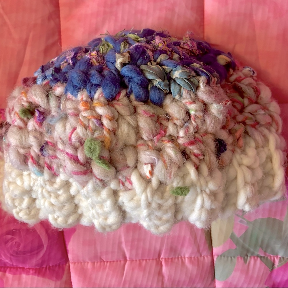 Handmade crochet beanie. Wool, Indian sari